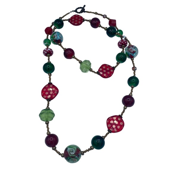 Art necklace multicolour long necklace large beads bronze seed beads whimsical - Picture 2 of 11